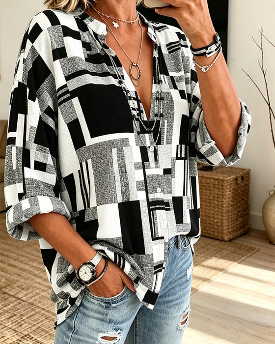 Bluse Geometrisk Tryk V-Hals Afslappet