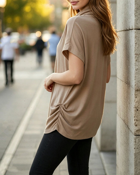 Bluse Mock Hals Kort Ærme Side Rynket