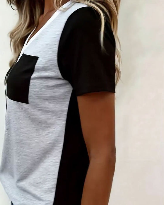 T-Shirt V-Udskæring Kontrast Lomme