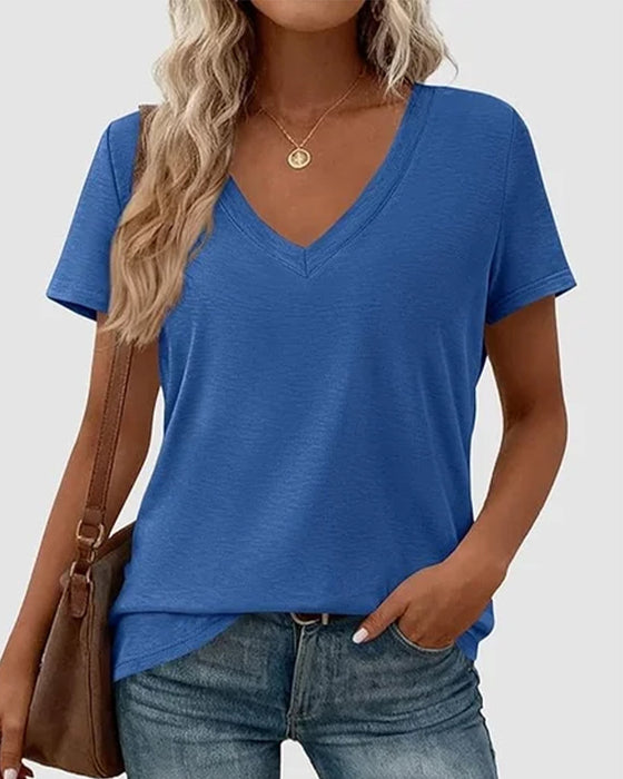 T-Shirt Pullover V-Hals Ensfarvet