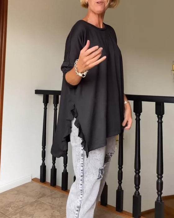 Ensfarvet plisseret bluse med rund hals