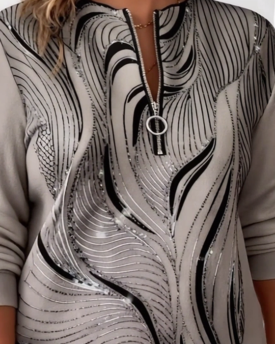 Plusstørrelse Casual Trykt Sweatshirt Med Halv Lynlås