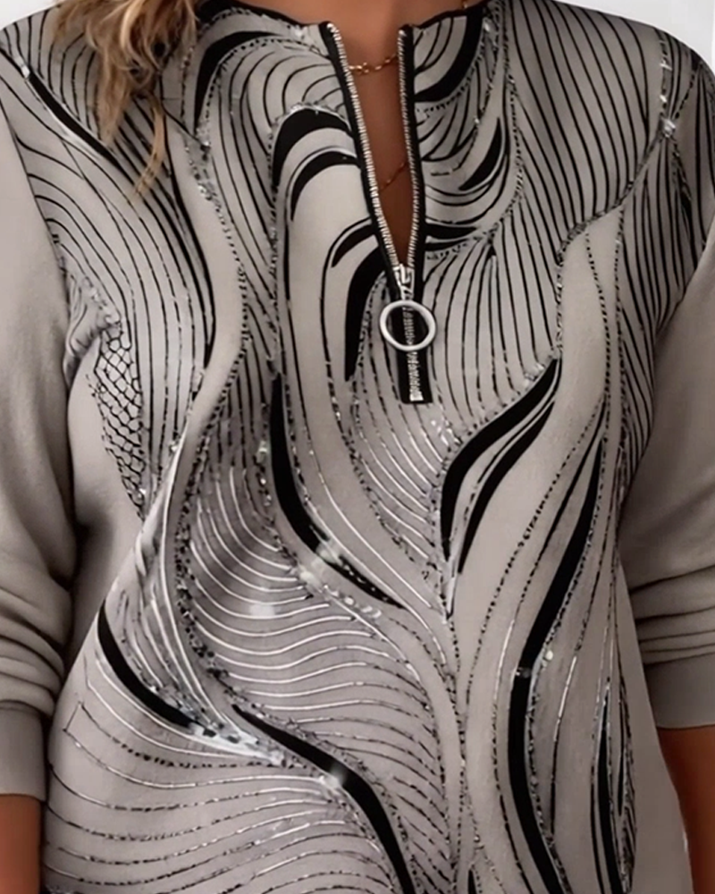 Plusstørrelse Casual Trykt Sweatshirt Med Halv Lynlås