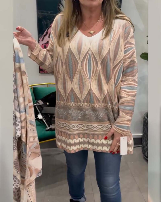 Topp Geometrisk Diamanttryk Langærmet V-Hals