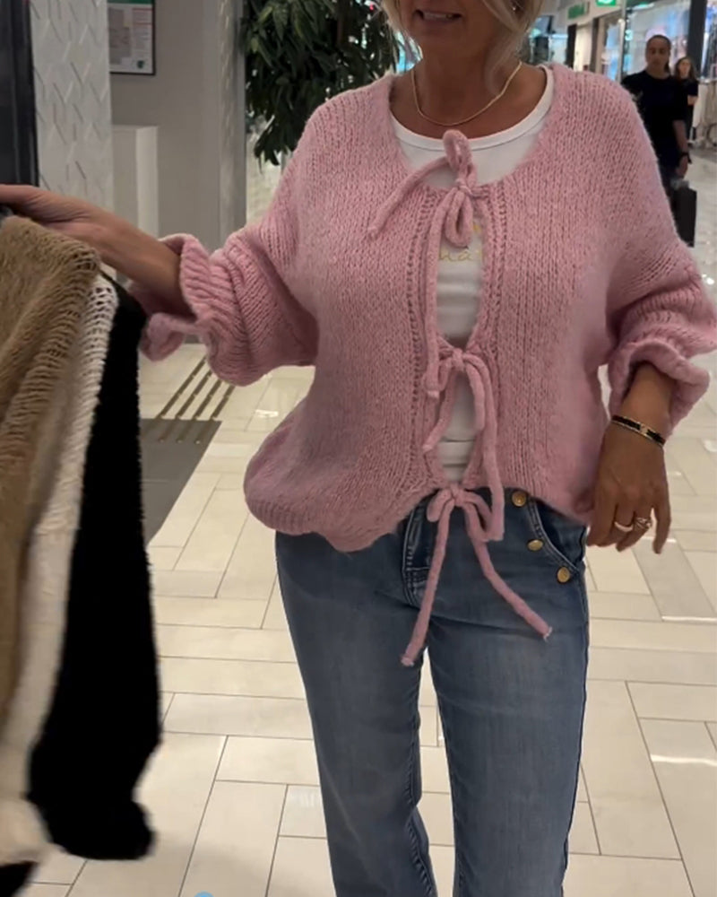 Ensfarvet strik cardigan med snøre