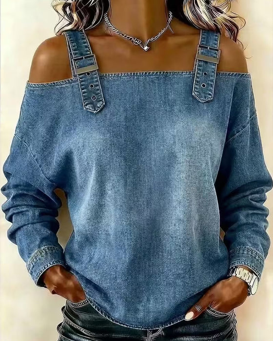 Bluse Spagettibånd Off-Shoulder Denim Metal Knap