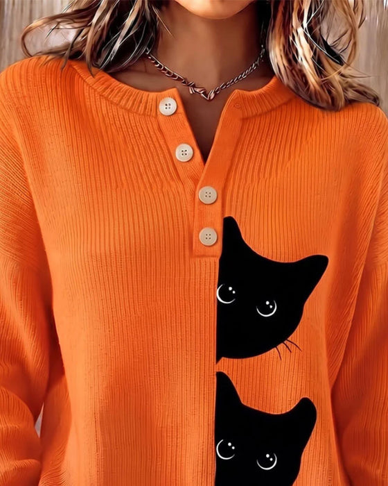 Pullover Knap Foran Stribe Kat Kontrast Strikket