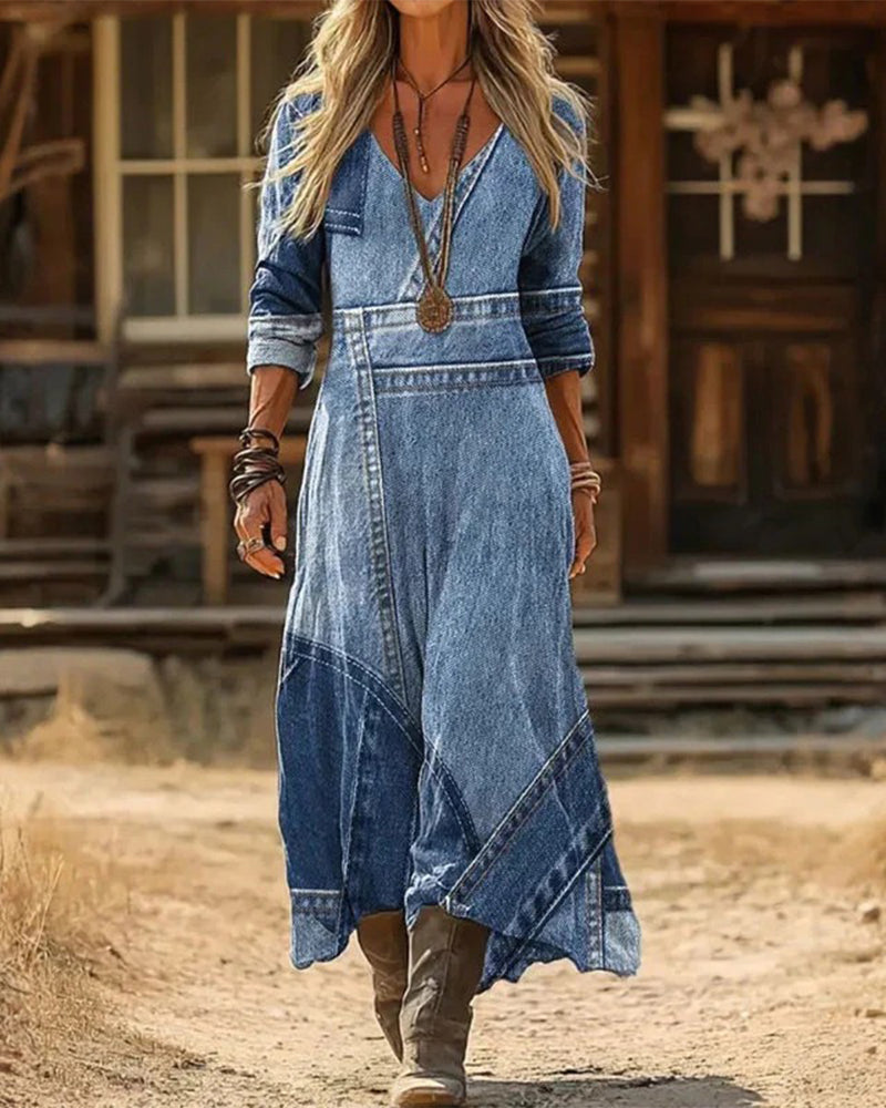 Kjole retro med v-hals og lange ærmer, print