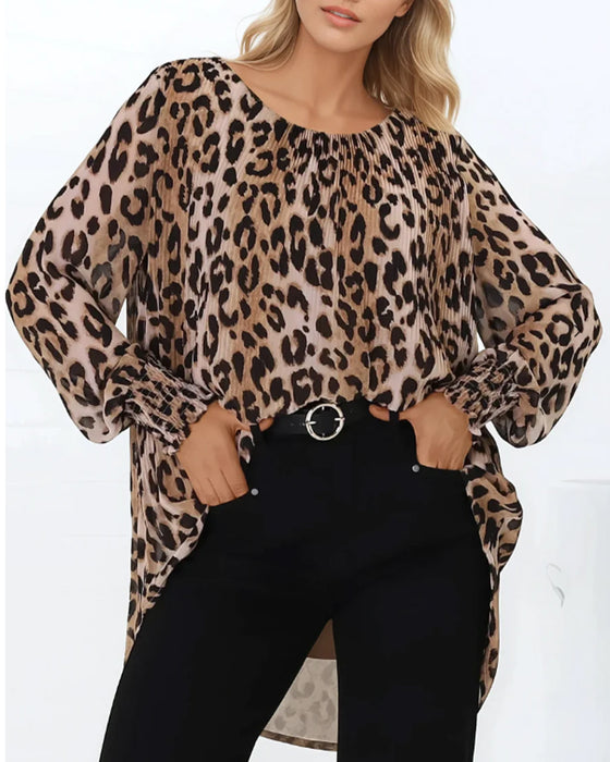 Bluse Rund Hals Leopard Uregelmæssig Lanterne Ærme
