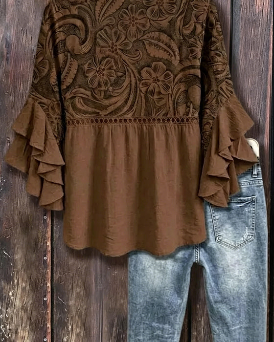 Bluse Vintage Blomstret Tryk Asymmetrisk Rynke Ærme