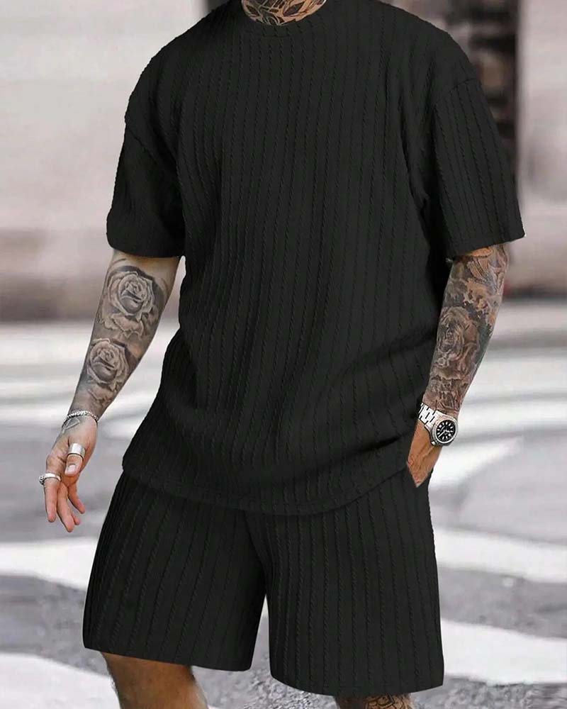 Herres Striberet T-Shirt Og Shorts Toedelt Set