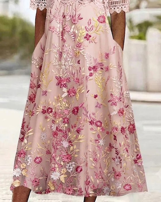 Kjole Blonder Blomstermønster Patchwork A-Linje