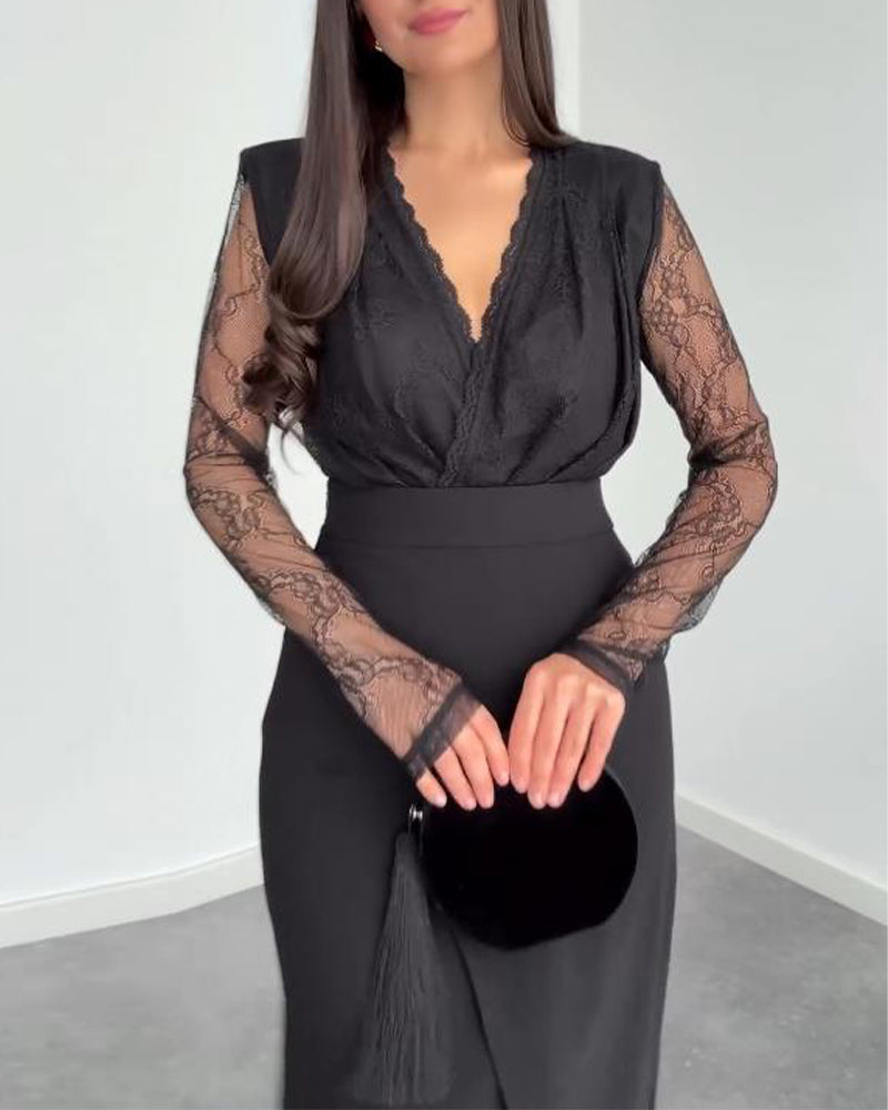 To-Delssæt Med V-Hals Spids Top, Asymmetrisk Midikjol Och Elegant Stil