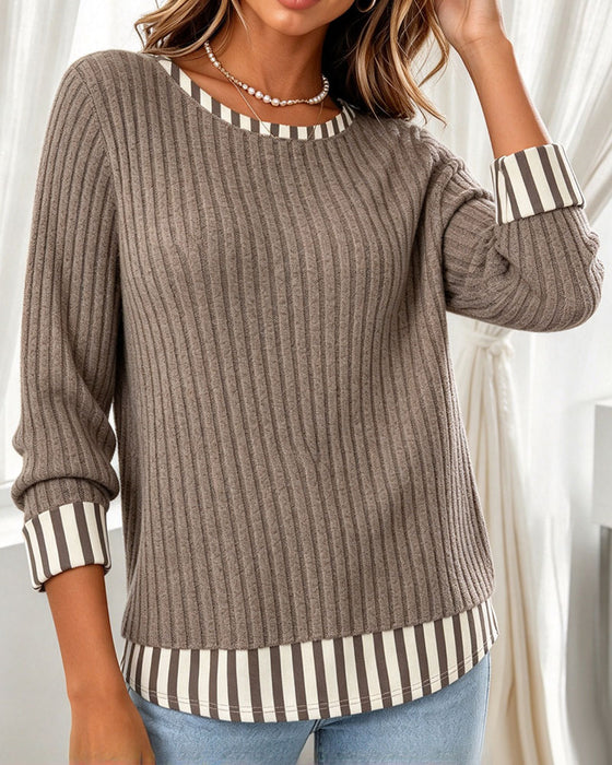 Top Rund Hals Ribbet Stribet Patchwork