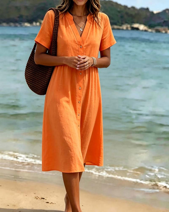Kjole V-hals Knappelukning Resort Stil