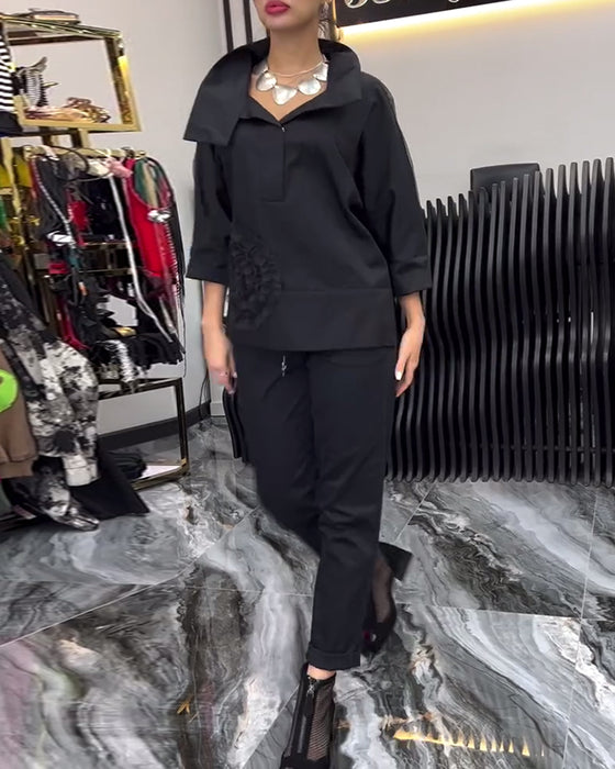 Blomsterbluse med lapel og blondepanel