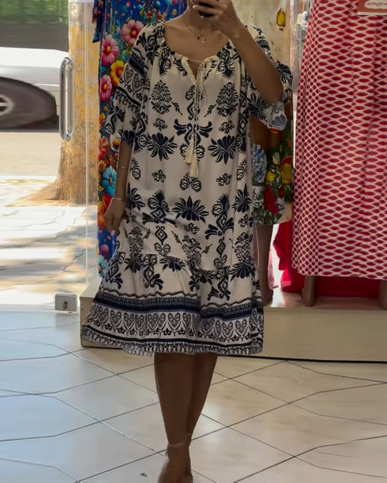 Kjole Rund Hals Trykt Trompet Korte Ærmer