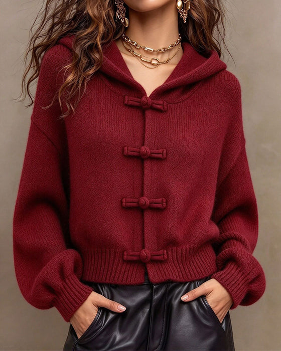 Cardigan Ensfarvet Med Hætte Sweater