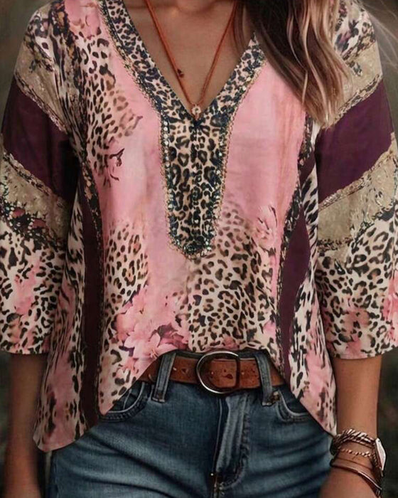 Bluse V-Hals Leopard Farveblok