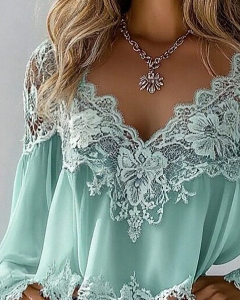 Bluse V-Hals Patchwork Løs Langærmet