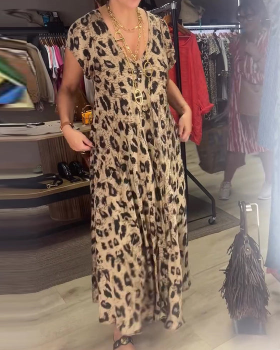 Kjole V-Hals Leopard Fuld Nederdel