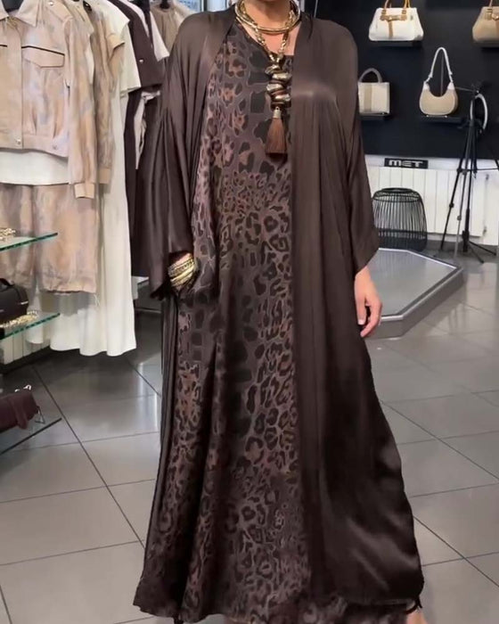 Sæt Leopard Spaghetti Strop Lang Kjole Og Cardigan
