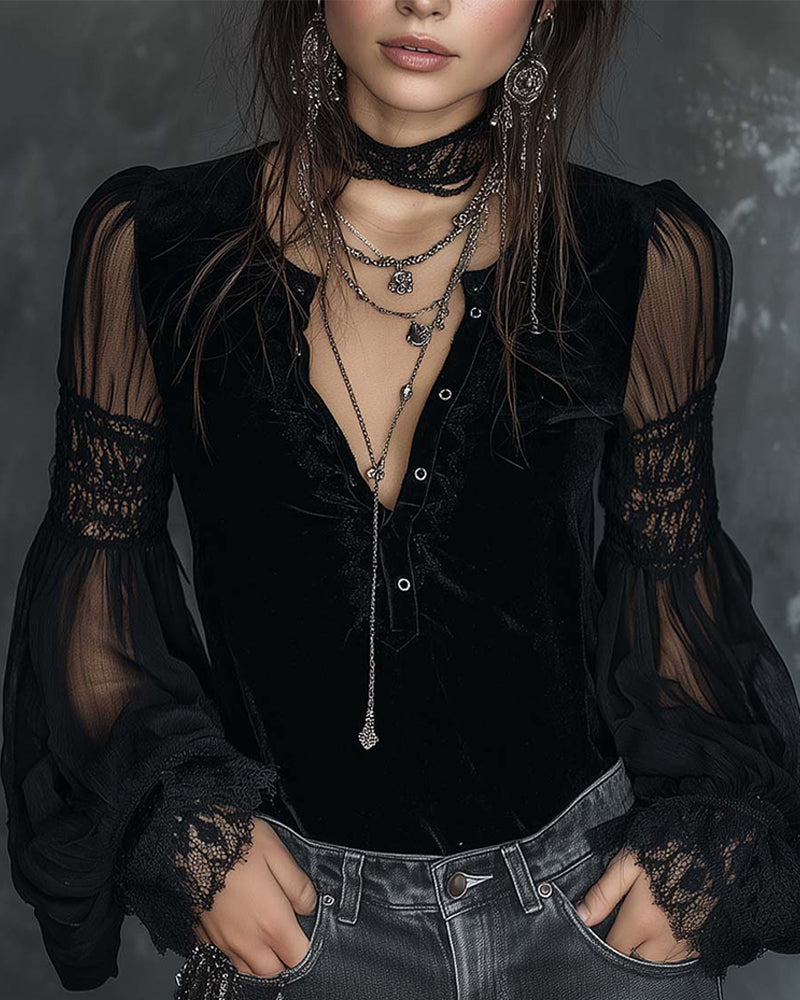 Bluse Knap-Ned V-Udskæring Puf ærme