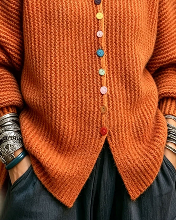 Pullover Farve Knap Ruffle Kant Strikket