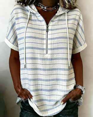 Top Stribet Hætte Lynlås Kort Ærme