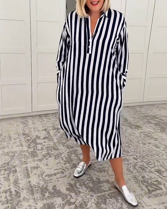 Kjole Revers Stribet Lomme