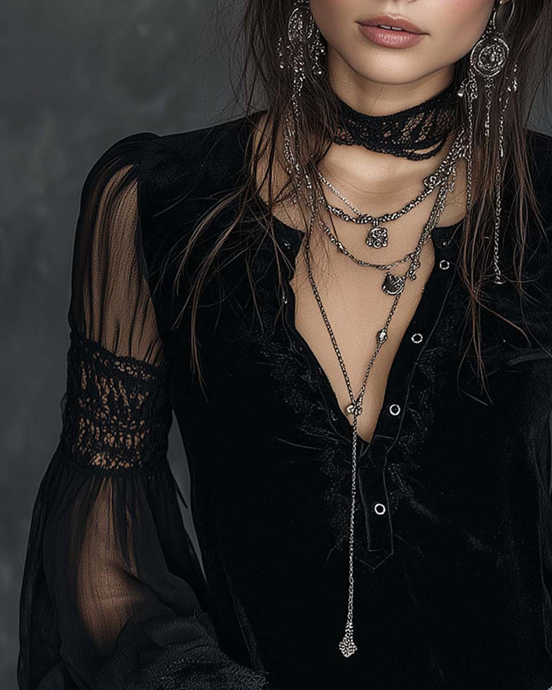 Bluse Knap-Ned V-Udskæring Puf ærme