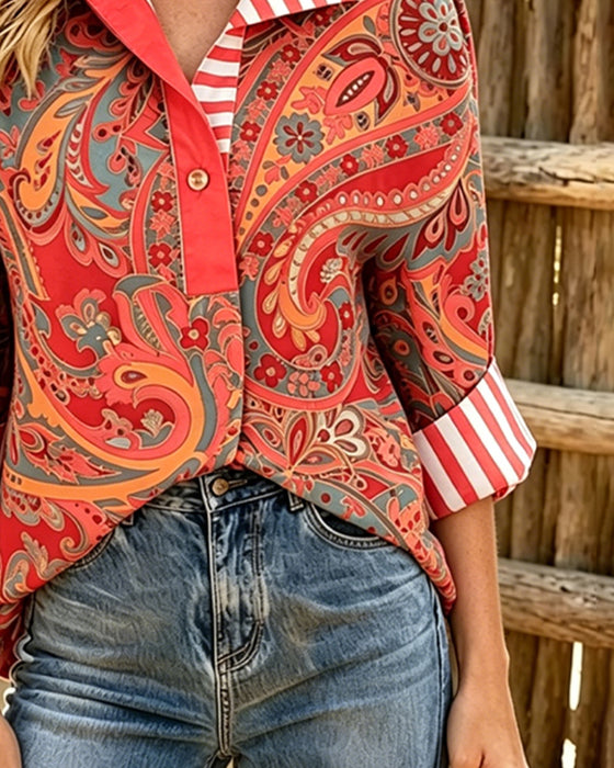 Bluse Patchwork Blomstrende Tryk Casual