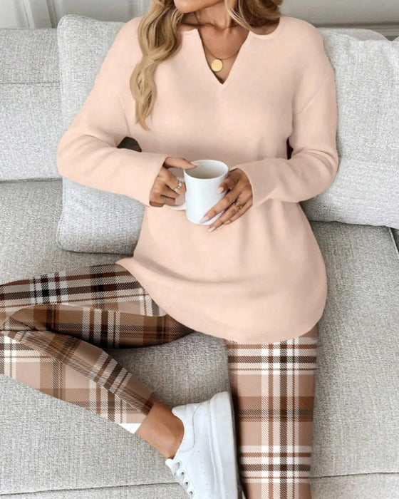 Sæt V-Hals Ensfarvet Top + ternet Bukser Loungewear