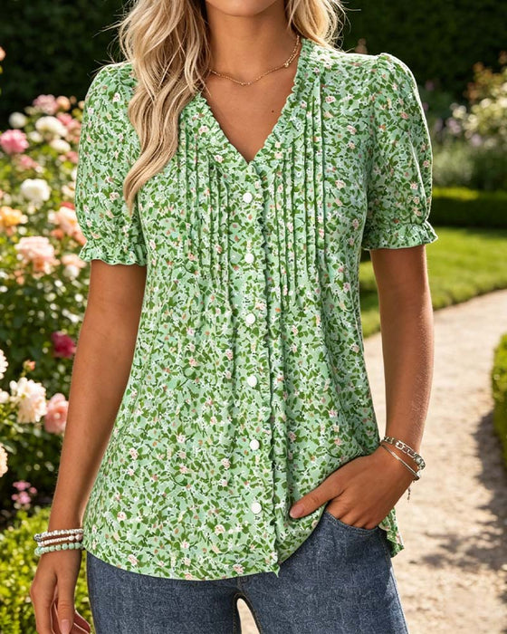 Bluse V-Hals Blomstret Tryk