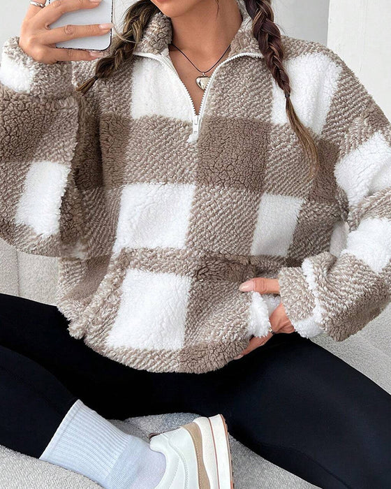 Sweatshirt Halv-Zip Ståkrave Rutemønster