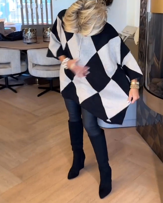 Sweater Stående Krave Argyle Uregelmæssig