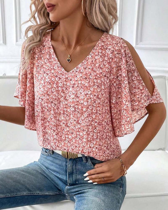 Bluse V-Hals Blomstrende Off-Shoulder Flutter Ærme