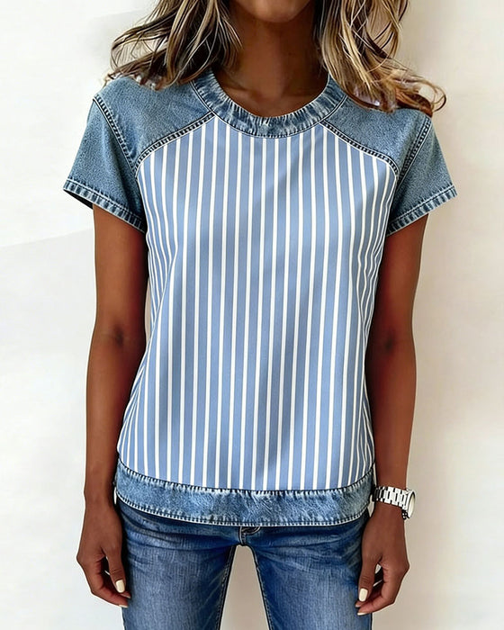 T-Shirt Denim Patchwork Stribet Kort Ærme