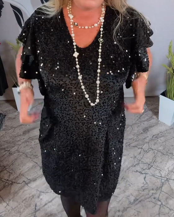 Kjole V-Hals Rufle Ærme Fløjl Glimmer