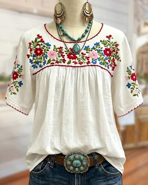 Bluse Rundhalset Broderet Bohemian