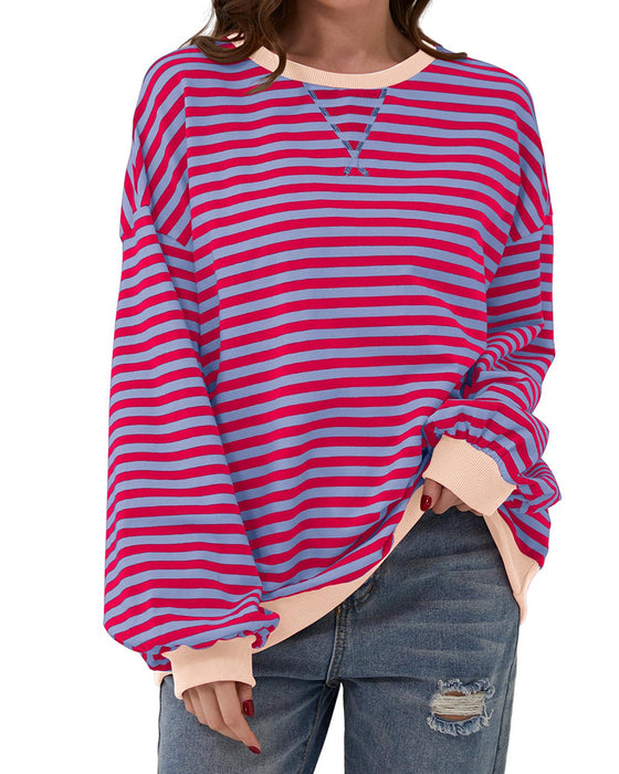T-Shirt Stribet Rund Hals Farveblok
