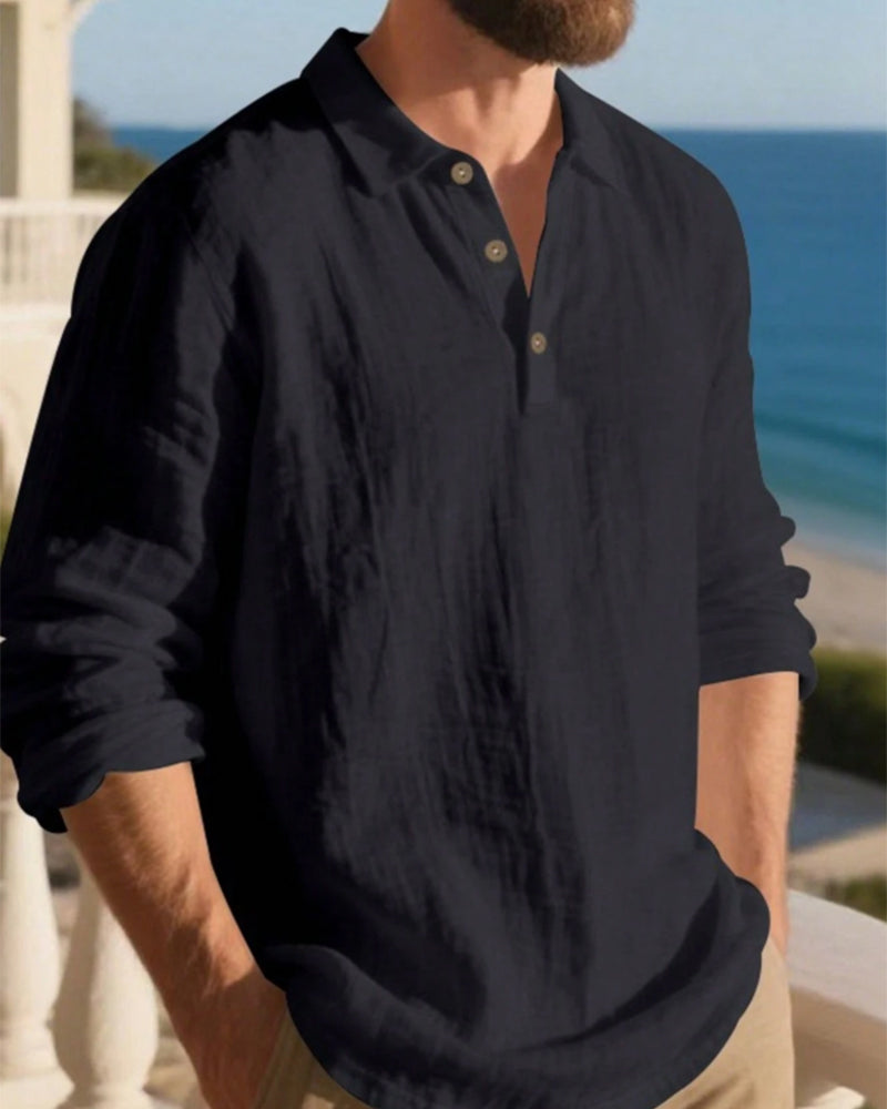 Skjorte Herre Letvægt Løs Hør Langærmet Polo