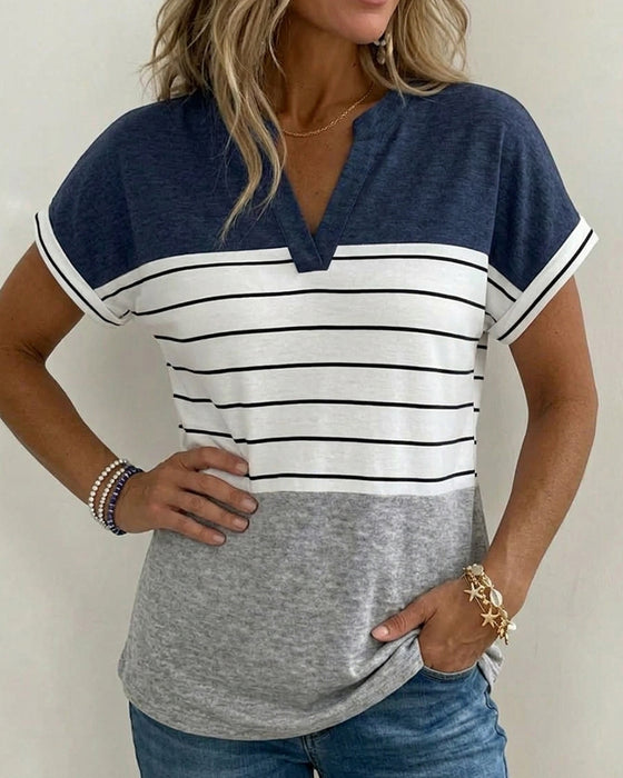 T-Shirt V-Hals Kontrast Stribe