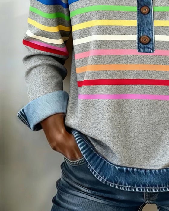 Sweatshirt I Regnbuestribet Patchwork-Denim