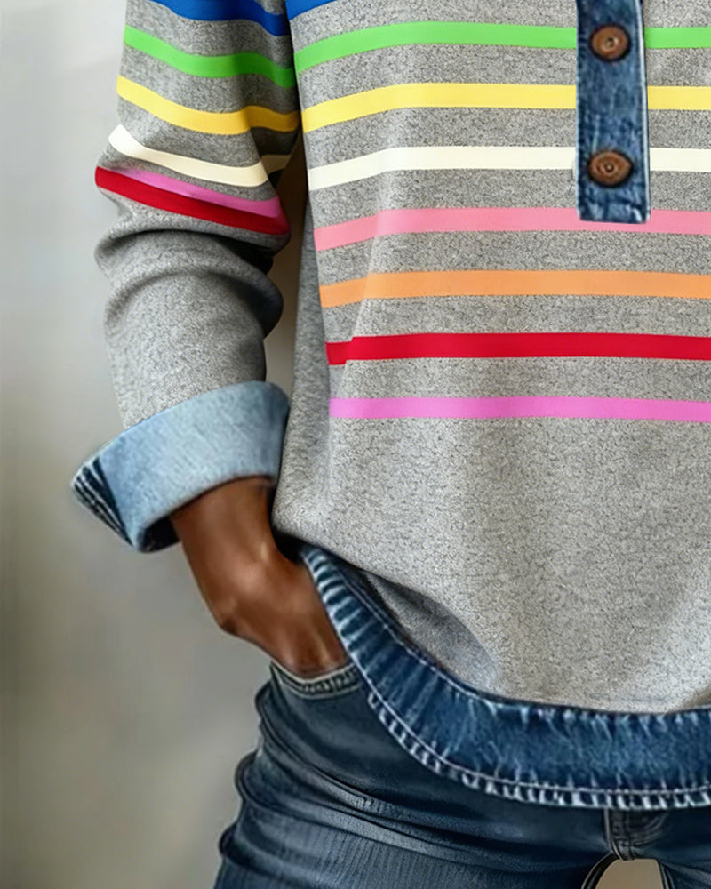 Sweatshirt I Regnbuestribet Patchwork-Denim
