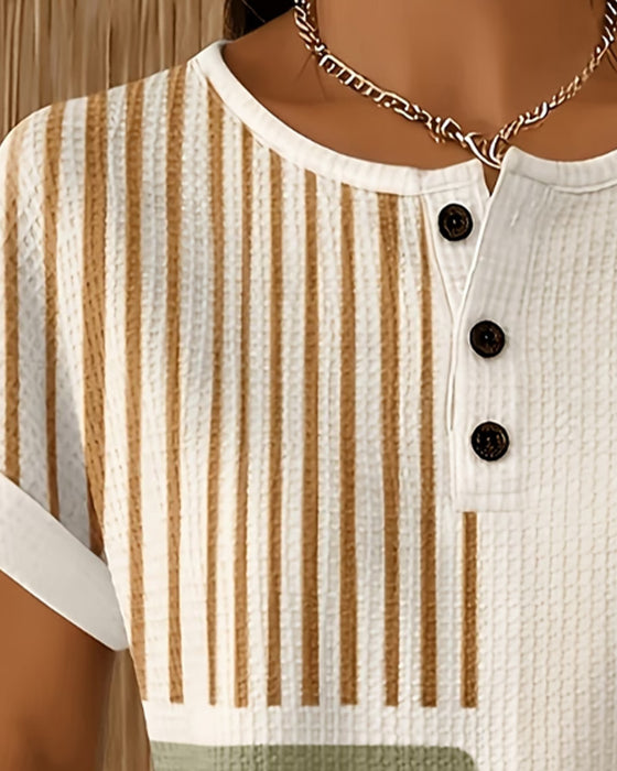 Bluse Med Rundhals, Knapper, Striber, Kontrastfarver