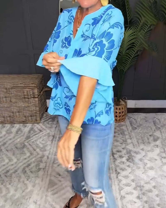 Bluse Løs Kortærmet Tryk