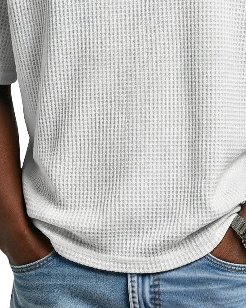 Herre V-Hals T-Shirt I Waffelstruktur, Afslappet Kortærmet Top I Ensfarvet