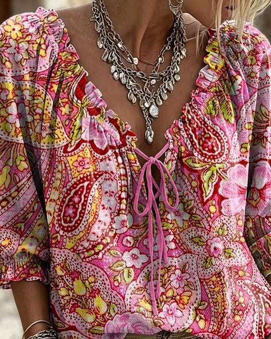Bluse V-Hals Slips Tryk Boble Ærme