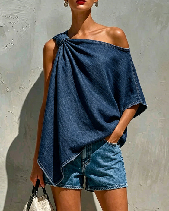 Bluse Denim Knude Én Skulder